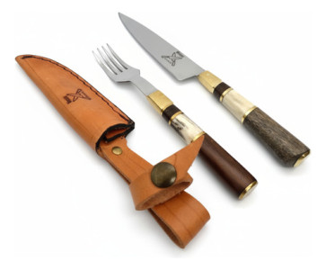 Set Cuchillo Tenedor Chaira Cuero Artesanal Parrilla Acero Genérico