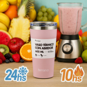 Vaso Termico Terrano 600ml Acero Inox Abridor Tapa Acrilica Lila