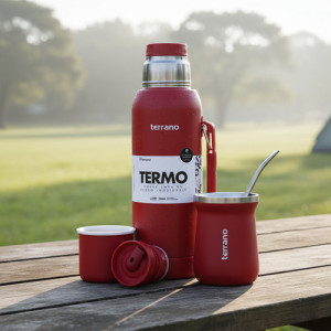Kit Termo 1lt Terrano C/base Silicona Mate Acero + Bombilla Rojo Mate Tradicional