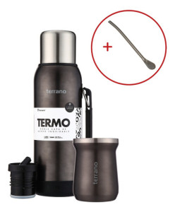 Kit Termo 1lt Terrano C/base Silicona Mate Acero + Bombilla Negro Metal Mate Tradicional