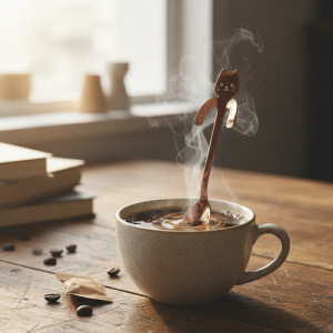 Cuchara Cucharita Cafe Té Acero Inox. Animada Gato Michi Bronce