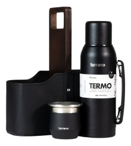 Combo Kit Termo 1lt Base Silicona Mate Matera Terrano Set Negro Flap Termo Base De Silicona