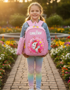 Mochila Diseño Escolar + Estuche Infantil Niño Niña Jardin Rosa Claro Unicornio2