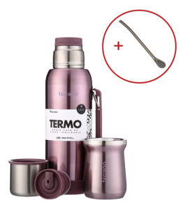 Kit Termo 1lt Terrano C/base Silicona Mate Acero + Bombilla Lila Metalizdo Mate Tradicional