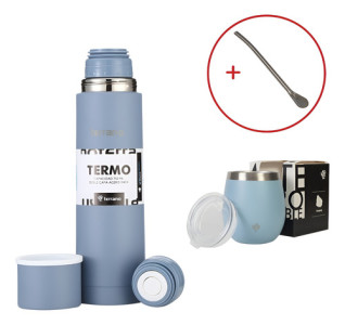 Termo Terrano 750ml Con Mate Y Bombilla -kit Para Tomar Mate Celeste