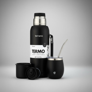 Kit Termo 1lt Terrano C/base Silicona Mate Acero + Bombilla Negro Mate C/tapa