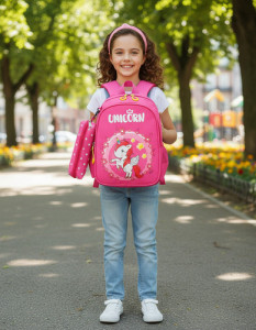 Mochila Diseño Escolar + Estuche Infantil Niño Niña Jardin Unicornio1 Rosa Chicle