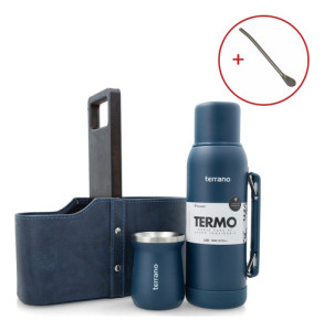 Kit Matero Terrano Mate Termo Base Silicona Matera Bombilla Azul Mate Tradicional