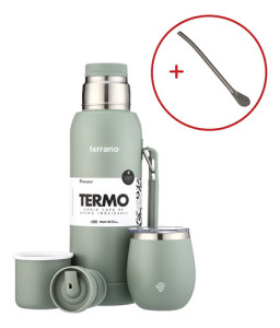 Kit Termo 1lt Terrano C/base Silicona Mate Acero + Bombilla Oliva Mate C/tapa