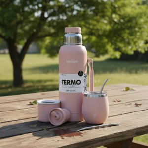 Kit Termo 1l Terrano C/base Silicona Mate Camionero Bombilla Rosa Mate Con Tapa