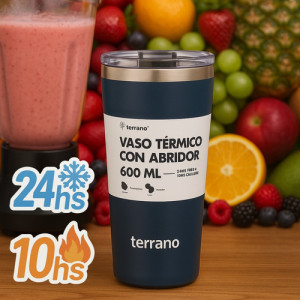 Vaso Termico Terrano 600ml Acero Inox Abridor Tapa Acrilica Azul
