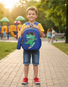 Mochila Diseño Escolar + Estuche Infantil Niño Niña Jardin Azul Dinosaurio