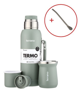 Kit Termo 1lt Terrano C/base Silicona Mate Acero + Bombilla Oliva Mate Tradicional