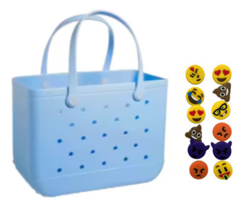 Bolso Canasto Goma Grande Resistente Al Agua Playa + Pines Celeste Lisa Celeste