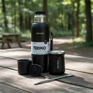 Kit Termo 1lt Terrano C/base Silicona Mate Acero + Bombilla Negro
