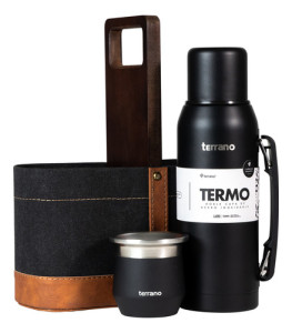 Combo Kit Termo 1lt Base Silicona Mate Matera Terrano Set Negro Lona Flap Termo Base De Silicona