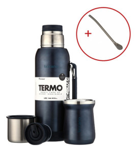 Kit Termo 1lt Terrano C/base Silicona Mate Acero + Bombilla Azul Metalizado