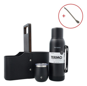 Kit Matero Terrano Mate Termo Base Silicona Matera Bombilla Negro Mate C/tapa
