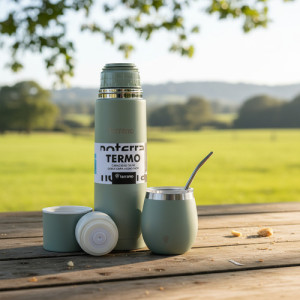 Termo Terrano 750ml Con Mate Y Bombilla -kit Para Tomar Mate Oliva Bala C Tapa