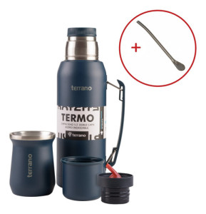 Set Mate Termo 1lt Acero Colores Terrano Doble Capa Bombilla Azul Opaco