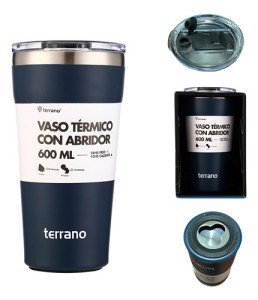 Vaso Termico Terrano 600ml Acero Inox Abridor Tapa Acrilica Azul
