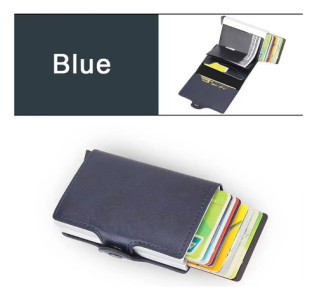 Tarjetero Rfid Metálico Doble Compacto Antirrobo Elegante Liso Azul Oscuro