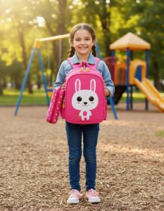 Mochila Diseño Escolar + Estuche Infantil Niño Niña Jardin Conejo 1 Rosa Chicle