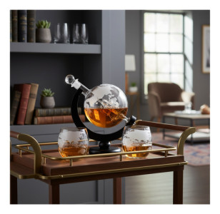 Decantador De Whisky Licor Botella Y 2 Vasos Mundo Planeta Unico