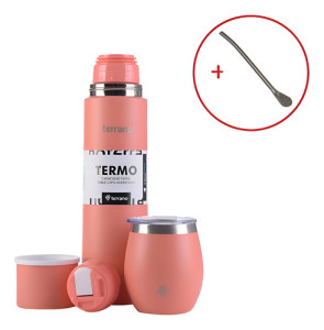 Termo Terrano 750ml Con Mate Y Bombilla -kit Para Tomar Mate Coral Bala C Tapa