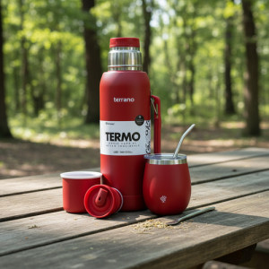 Kit Termo 1l Terrano C/base Silicona Mate Camionero Bombilla Rojo Mate Con Tapa