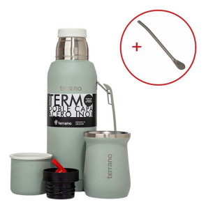 Set Mate Termo 1lt Acero Colores Terrano Doble Capa Bombilla Oliva
