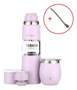 Termo Terrano 750ml Con Mate Y Bombilla -kit Para Tomar Mate Lila Bala C Tapa