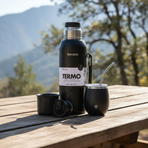 Kit Termo 1lt Terrano C/base Silicona Mate Acero + Bombilla Negro Mate C/tapa