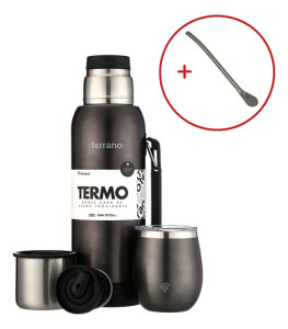 Termo Terrano 1lt Base Silicona Anticaida + Mate + Bombilla Negro Metalizado