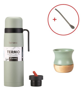 Kit Mate Ceramica Termo 1lt Bombilla Set Matero Terrano Oliva