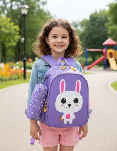 Mochila Diseño Escolar + Estuche Infantil Niño Niña Jardin Violeta Conejo 2