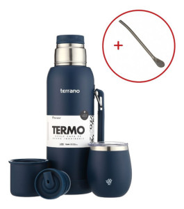 Kit Termo 1l Terrano C/base Silicona Mate Camionero Bombilla Azul Opaco Mate C/tapa