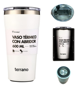 Vaso Termico Terrano 600ml Acero Inox Abridor Tapa Acrilica Blanco