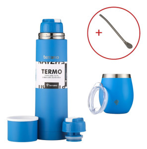 Termo Terrano 750ml Con Mate Y Bombilla -kit Para Tomar Mate Azul Eléctrico Bala C Tapa