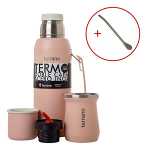 Set Mate Termo 1lt Acero Colores Terrano Doble Capa Bombilla Rosa