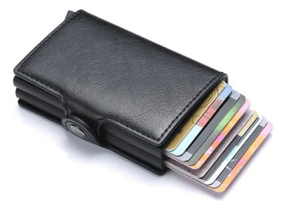 Tarjetero Rfid Metálico Doble Compacto Antirrobo Elegante Liso Negro