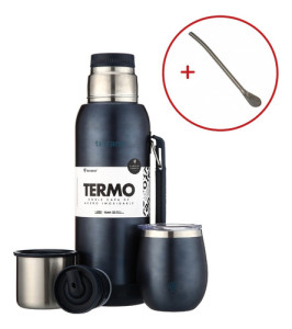 Termo Terrano 1lt Base Silicona Anticaida + Mate + Bombilla Azul Metalizado