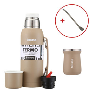 Set Mate Termo 1lt Acero Colores Terrano Doble Capa Bombilla Arena