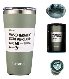Vaso Termico Terrano 600ml Acero Inox Abridor Tapa Acrilica Oliva