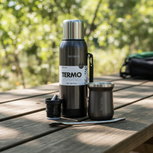 Kit Termo 1lt Terrano C/base Silicona Mate Acero + Bombilla Negro Metal Mate Tradicional