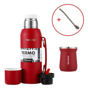 Set Mate Termo 1lt Acero Colores Terrano Doble Capa Bombilla Rojo