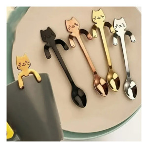 Cuchara Cucharita Cafe Té Acero Inox. Animada Gato Michi Oro
