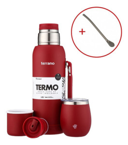 Termo Terrano 1lt Base Silicona Anticaida + Mate + Bombilla Rojo