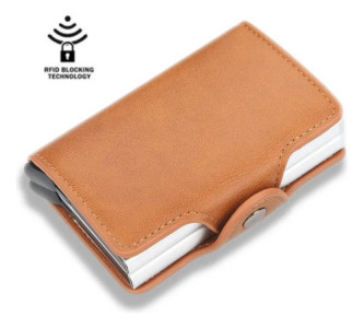 Tarjetero Rfid Metálico Doble Compacto Antirrobo Elegante Liso Marrón