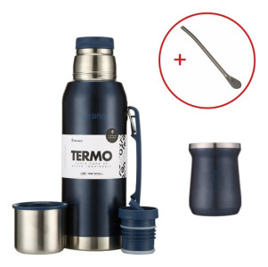 Set Mate Termo 1lt Acero Colores Terrano Doble Capa Bombilla Azul Metalizado